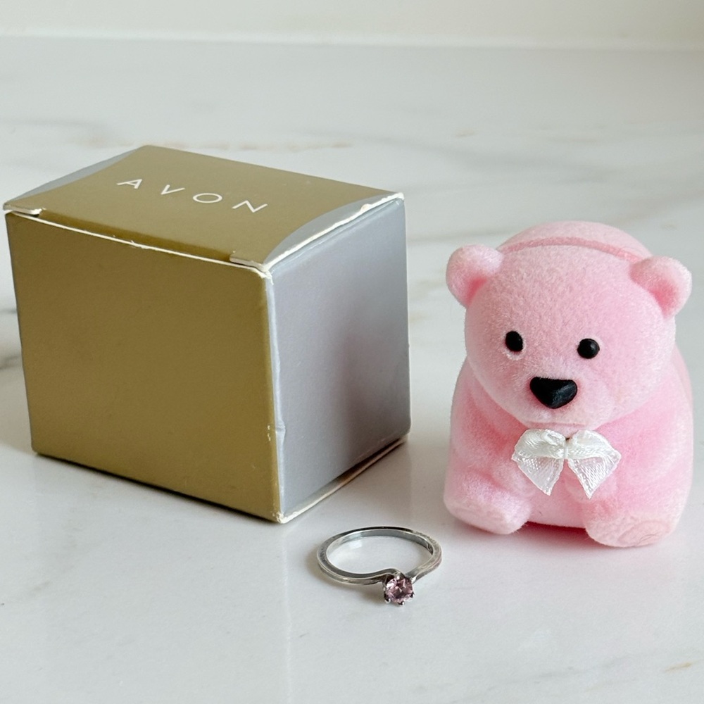 Vintage Avon Sterling Silver 925 Pink Crystal Sz 4 Ring w cute Teddy box NIB